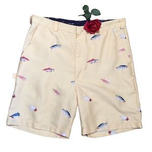 Fish print golf shorts flat front yellow red blue white Bermuda Styles 36 EUC